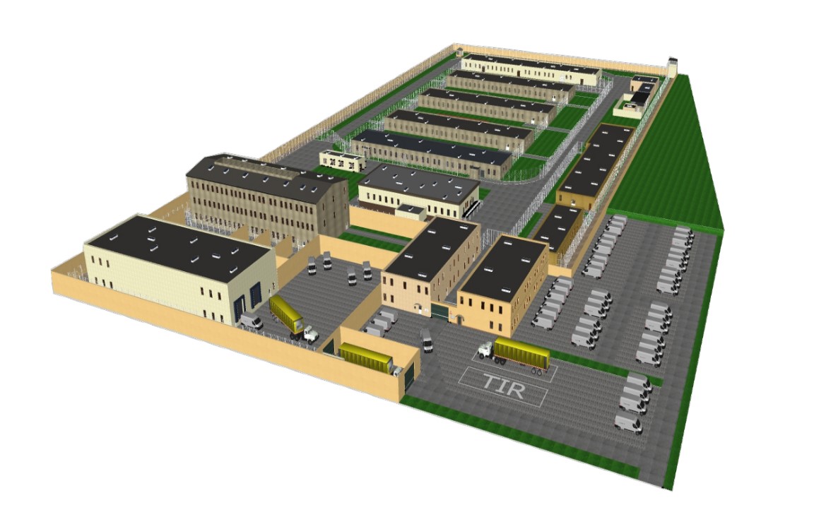 Na wizualizacji przedstawionych jest czternaście budynków o przeznaczeniu penitencjarnym, ogrodzonych murem więziennym. Do muru przylega przestrzeń parkingowa z wyznaczonymi miejscami dla pojazdów. Na wizualizacji przedstawionych jest czternaście budynków o przeznaczeniu penitencjarnym, ogrodzonych murem więziennym. Do muru przylega przestrzeń parkingowa z wyznaczonymi miejscami dla pojazdów.
