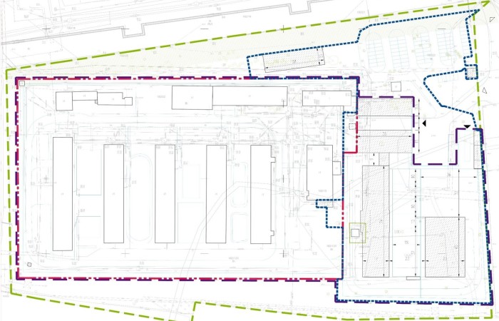 The image shows the architectural design of the new penitentiary complex. Visible investment zones are indicated by dashed lines in different colours.