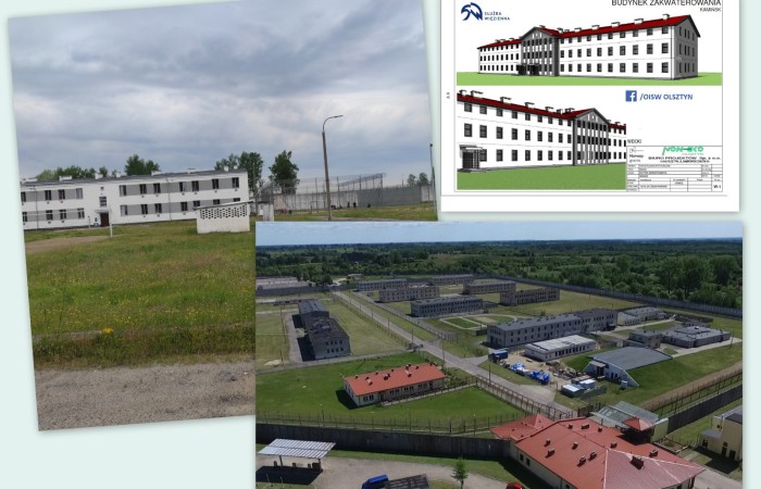 Three adjacent images in the photo. The first one from the left represents the white building seen from the front of the complex. The second one displays a bird's eye view over a group of buildings surrounded by the fence. The third one, located in the upper right-hand corner, is a model of the Kamińsk housing building. Three adjacent images in the photo. The first one from the left represents the white building seen from the front of the complex. The second one displays a bird's eye view over a group of buildings surrounded by the fence. The third one, located in the upper right-hand corner, is a model of the Kamińsk housing building.