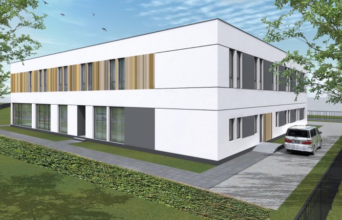 Warszawa-Białołęka detention centre’s halfway house visualisation. In the picture, a modern two-story building plan with a glazed, parquet ground floor and wooden facade trims surrounded by the lawn and openwork fence. A car is parked on the pavement at the building. Warszawa-Białołęka detention centre’s halfway house visualisation. In the picture, a modern two-story building plan with a glazed, parquet ground floor and wooden facade trims surrounded by the lawn and openwork fence. A car is parked on the pavement at the building.