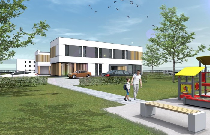 Warszawa-Białołęka detention centre’s halfway house visualisation. In the picture, a modern two-story building plan with a glazed, parquet ground floor and wooden facade trims. The building has got two wings and is surrounded by the lawn and the pavement leading to the playground. Two persons on the pavement – an adult and a child. Warszawa-Białołęka detention centre’s halfway house visualisation. In the picture, a modern two-story building plan with a glazed, parquet ground floor and wooden facade trims. The building has got two wings and is surrounded by the lawn and the pavement leading to the playground. Two persons on the pavement – an adult and a child.