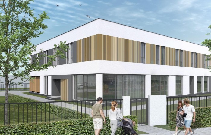 Warszawa-Białołęka detention centre’s halfway house visualisation. In the picture, a modern two-story building plan with a glazed, parquet ground floor and wooden facade trims surrounded by the lawn and openwork fence. A group of strolling people at the building. Warszawa-Białołęka detention centre’s halfway house visualisation. In the picture, a modern two-story building plan with a glazed, parquet ground floor and wooden facade trims surrounded by the lawn and openwork fence. A group of strolling people at the building.