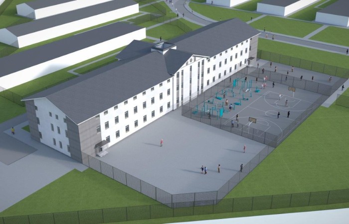 Zdjęcie przedstawia wizualizację kompleksu penitencjarnego Jastrzębie-Zdrój. Poszczególne budynki o różnych kształtach i przeznaczeniu, otoczone są przestrzenią zieloną z rosnącymi drzewami. Zdjęcie przedstawia wizualizację kompleksu penitencjarnego Jastrzębie-Zdrój. Poszczególne budynki o różnych kształtach i przeznaczeniu, otoczone są przestrzenią zieloną z rosnącymi drzewami.