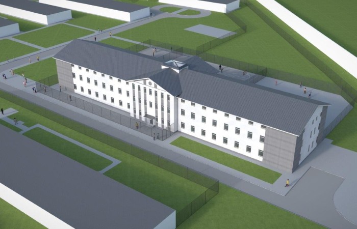 Zdjęcie przedstawia wizualizację kompleksu penitencjarnego Jastrzębie-Zdrój. Poszczególne budynki o różnych kształtach i przeznaczeniu, otoczone są przestrzenią zieloną z rosnącymi drzewami. Zdjęcie przedstawia wizualizację kompleksu penitencjarnego Jastrzębie-Zdrój. Poszczególne budynki o różnych kształtach i przeznaczeniu, otoczone są przestrzenią zieloną z rosnącymi drzewami.